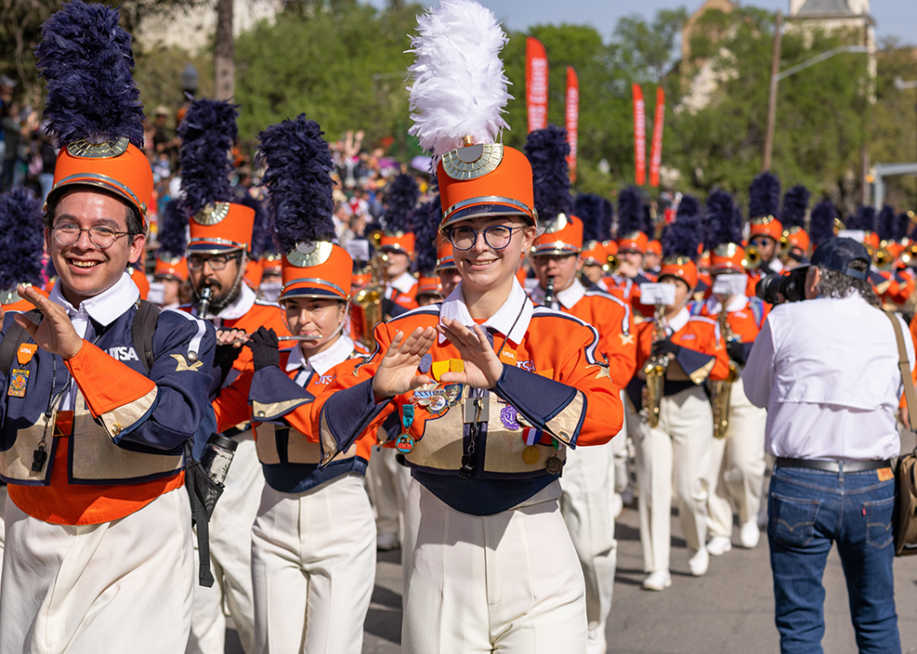 The University of Texas at San Antonio Marching Band performing at parade.