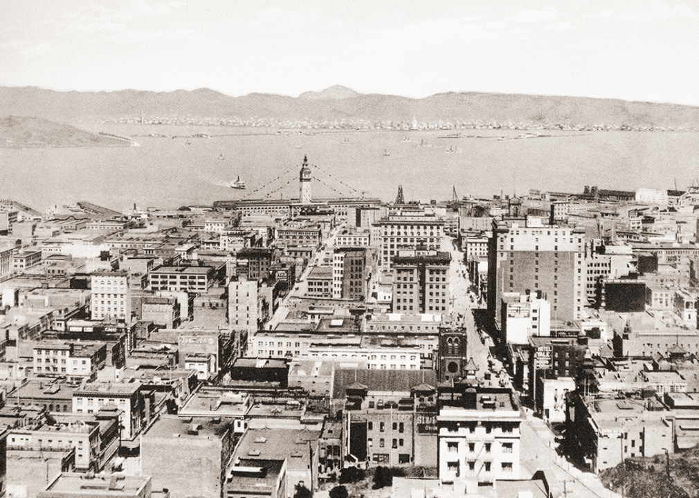 Bird's eye view of San Francisco and the Bay from the Fairmont Hotel showing the ferry building.