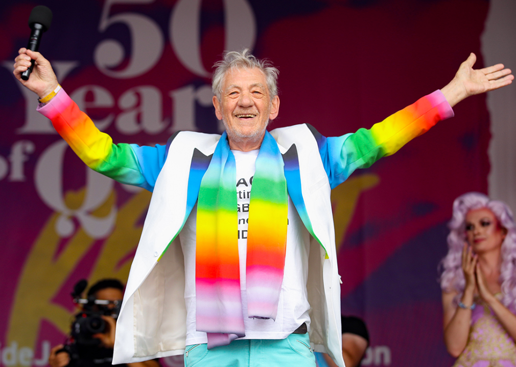 Sir Ian McKellen on stage during Pride in London 2019 at Trafalgar Square.