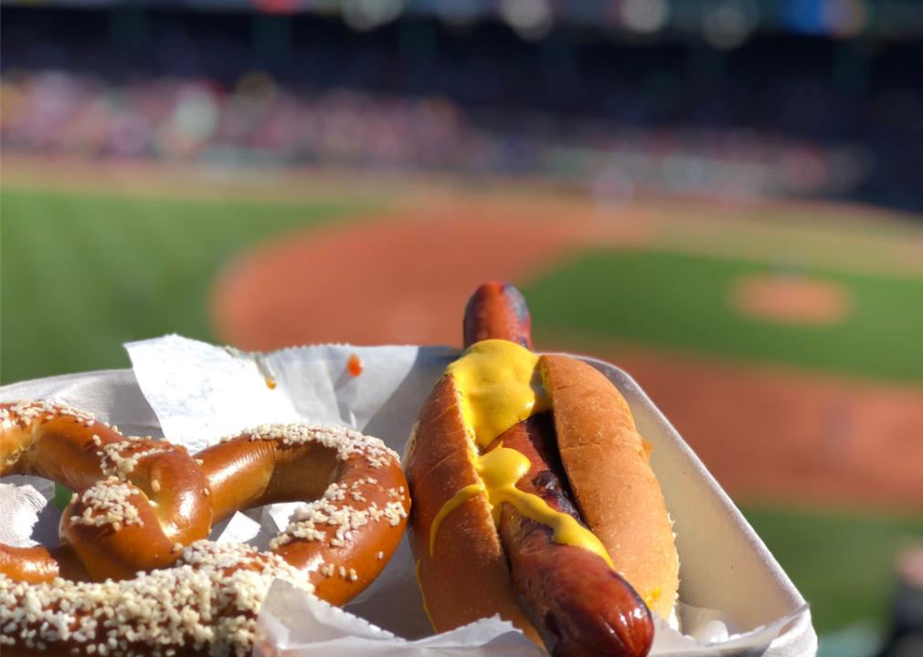Hot dog and pretzel at stadium
