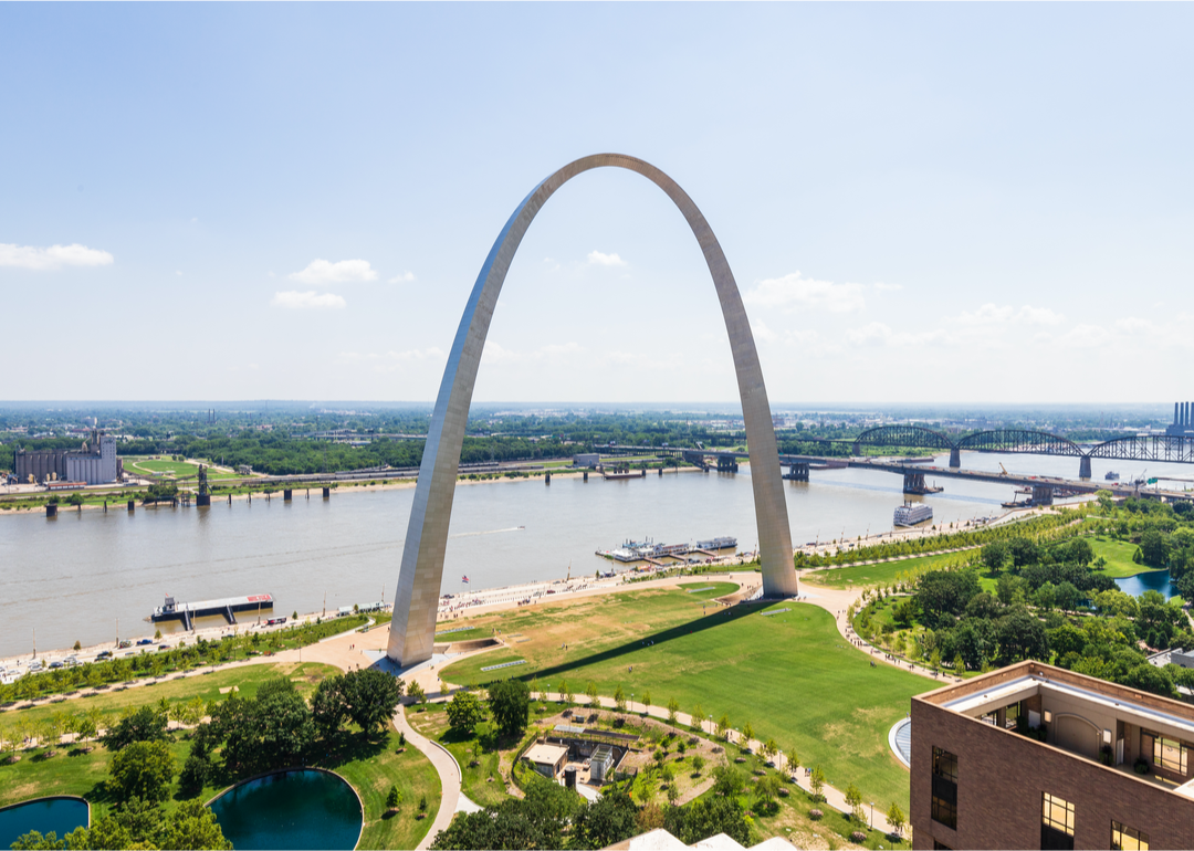Aerial view of The Gateway Arch and riverfront in downtown St. Louis.