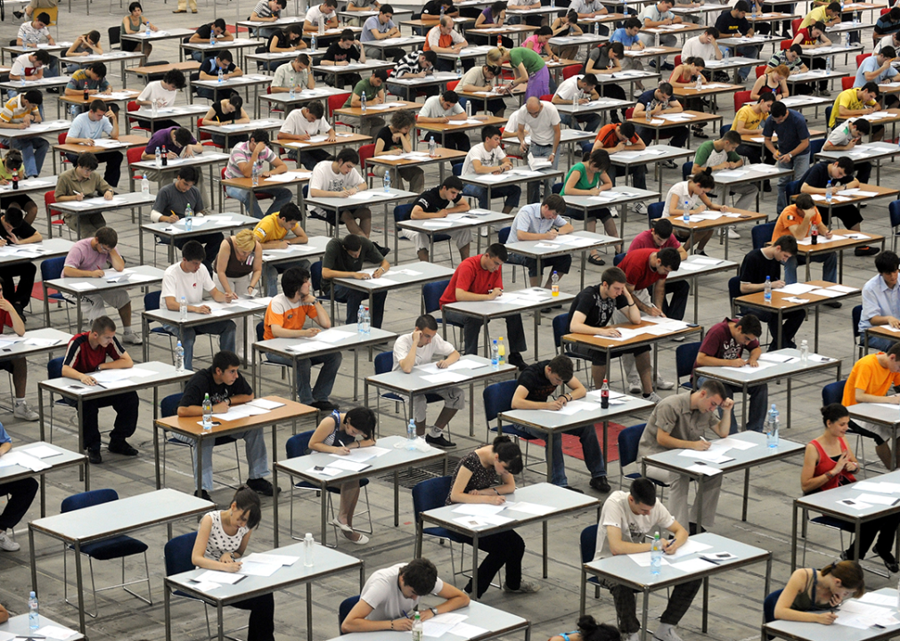 Overhead view of large room of students taking exam.