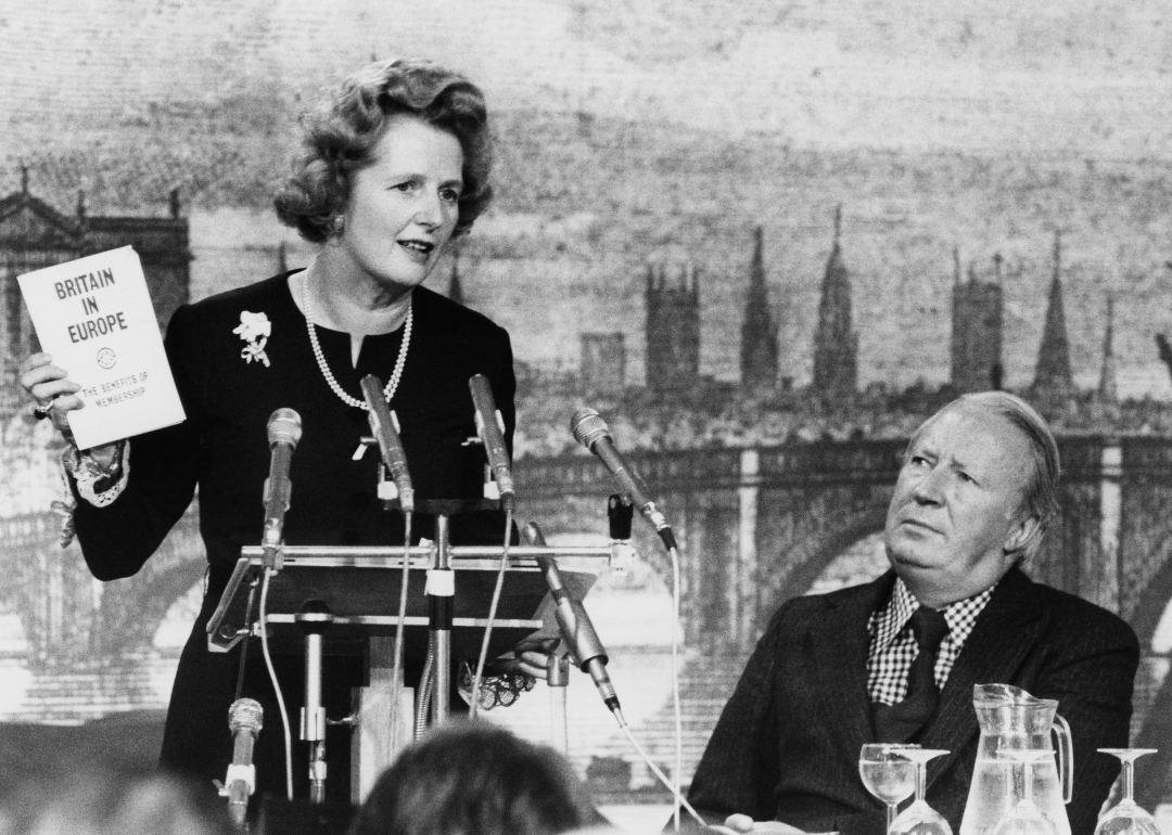 Margaret Thatcher speaks speaking at Conservative Party meeting.