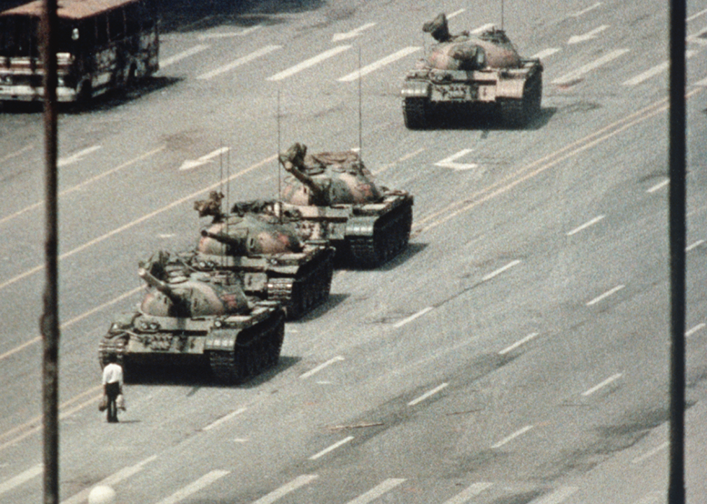 A Beijing demonstrator blocks the path of a tank near Tiananmen Square.