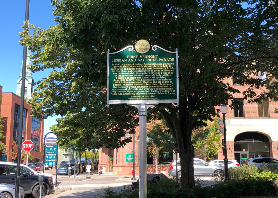 “First Vermont lesbian and gay pride parade” historic marker in downtown Burlington