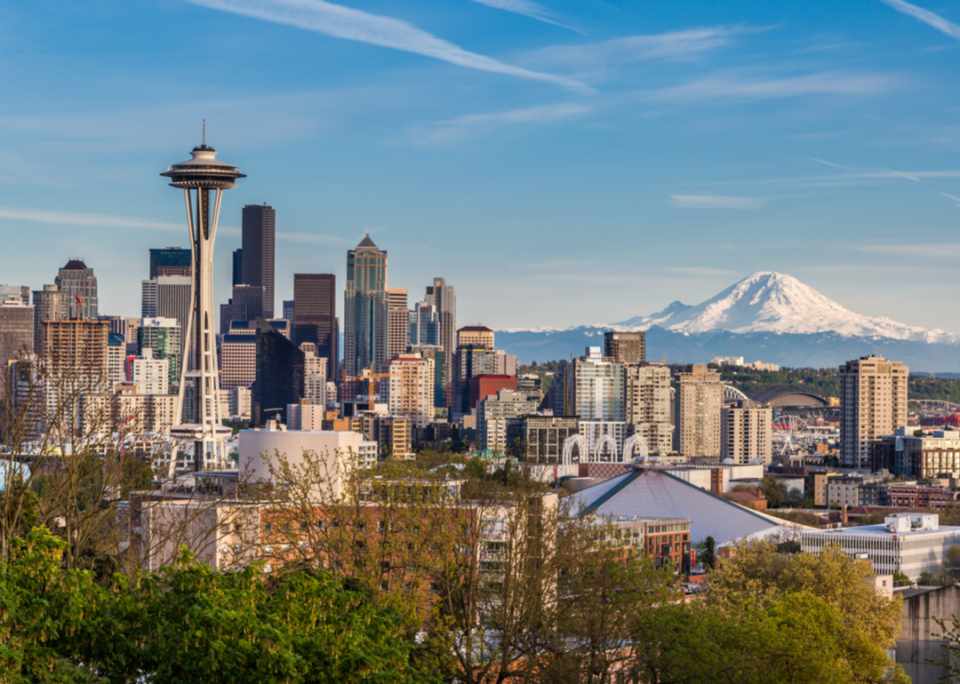 Elevated view of Seattle Space Needle and downtown.