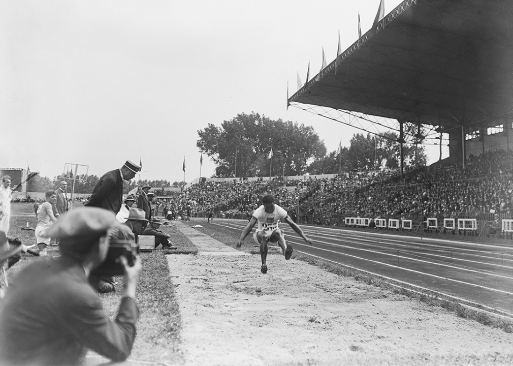 DeHart Hubbard competes in the men's long jump event of the 1924 Summer Olympics.