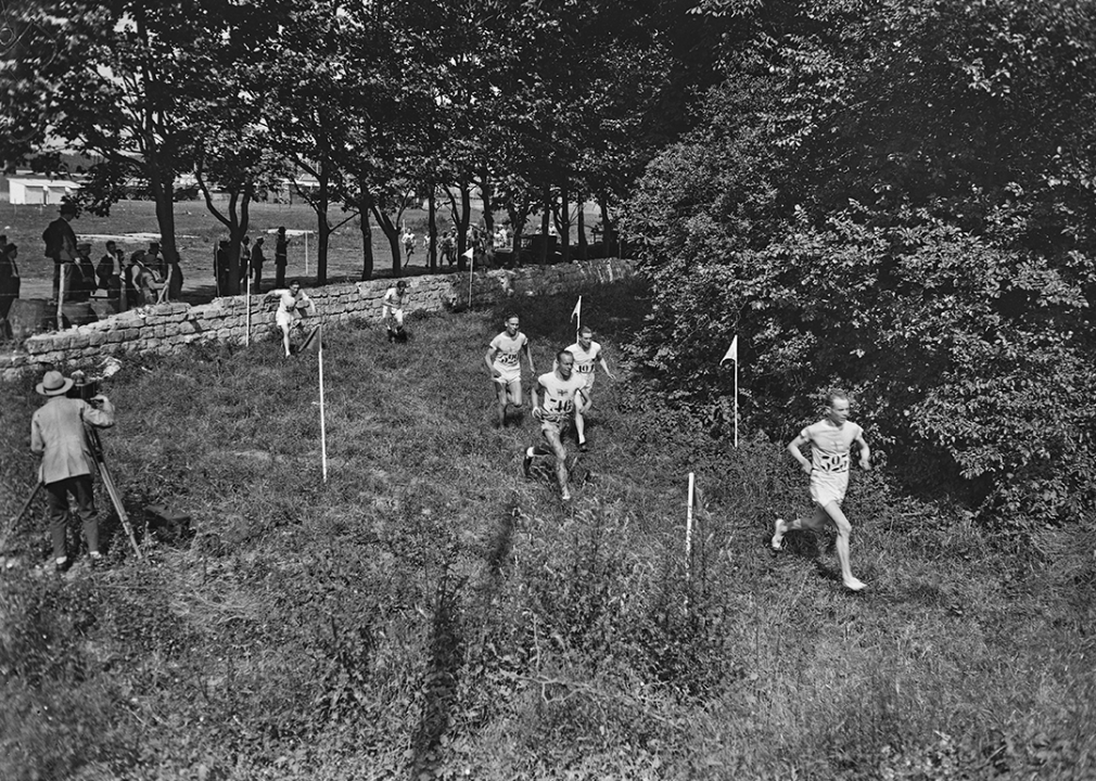 Paavo Nurmi ahead of Edvin Wide with Ville Ritola in rear during men