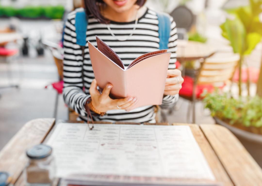 Woman reading menu in cafe