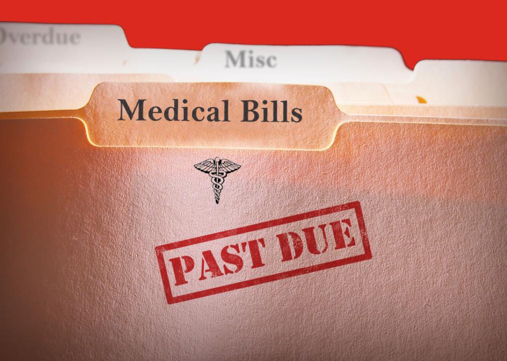 Medical bill file folder with red “Past Due” text.