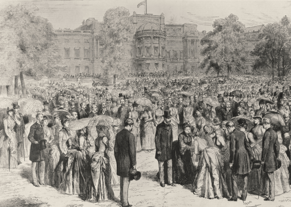 Engraving by G. Durand showing Queen Victoria greeting guests at the Golden Jubilee Garden Party.