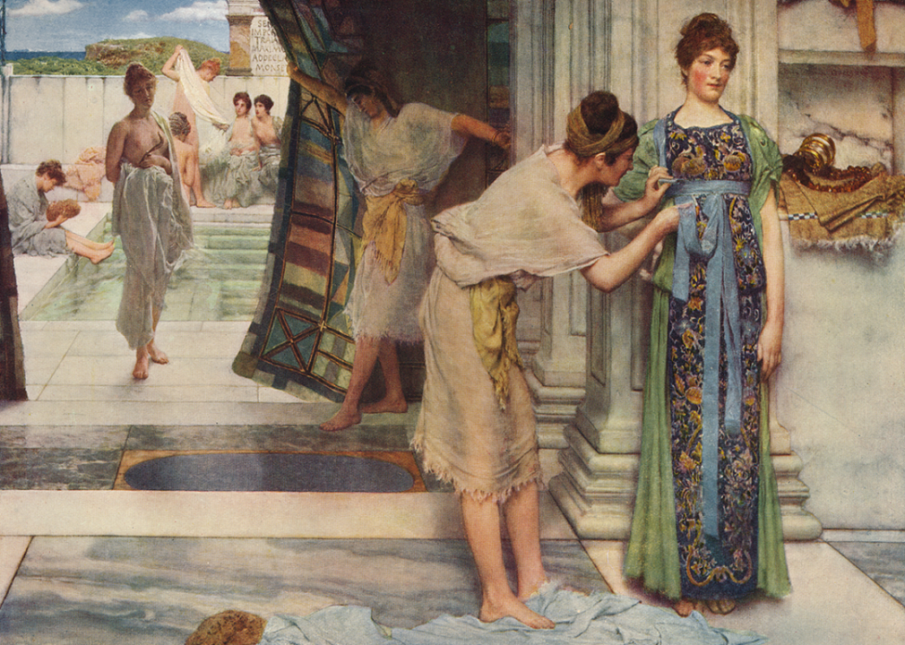 The Frigidarium painting by Sir Lawrence Alma-Tadema, which features women in a Roman bathing house.