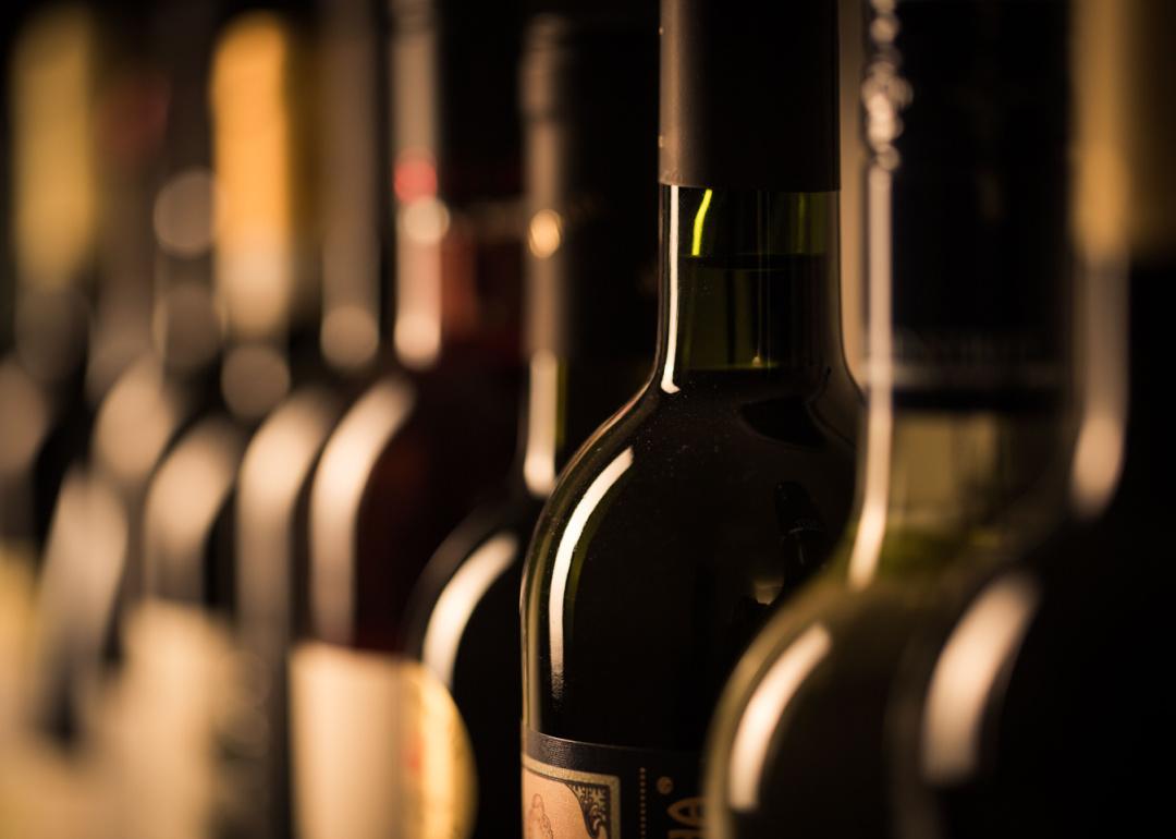 Close up of vintage wine bottles.