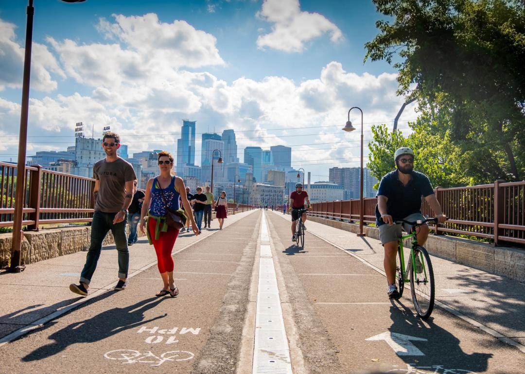 Bicycles and pedestrians on the Stone Arch Bridge in Minneapolis