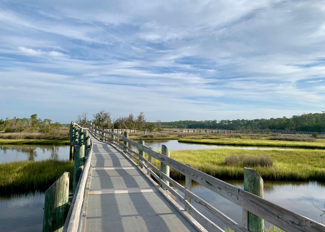 A boardwalk hiking trail extends over the marsh .