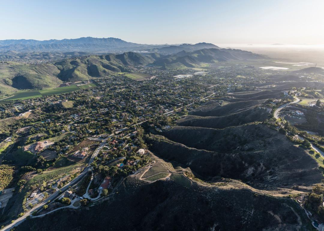 Aerial view of Santa Rosa Valley homes and hillsides.