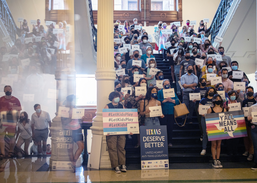LGBTQ rights supporters gather at the Texas State Capitol.
