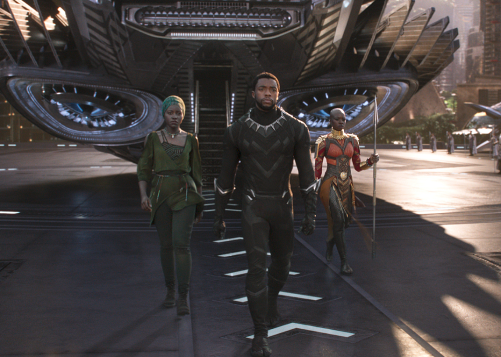 Chadwick Boseman, Danai Guria and Lupita Nyong’o in a scene from ‘Black Panther’