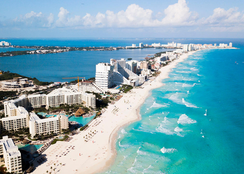 Aerial view of Cancun resorts and beach.