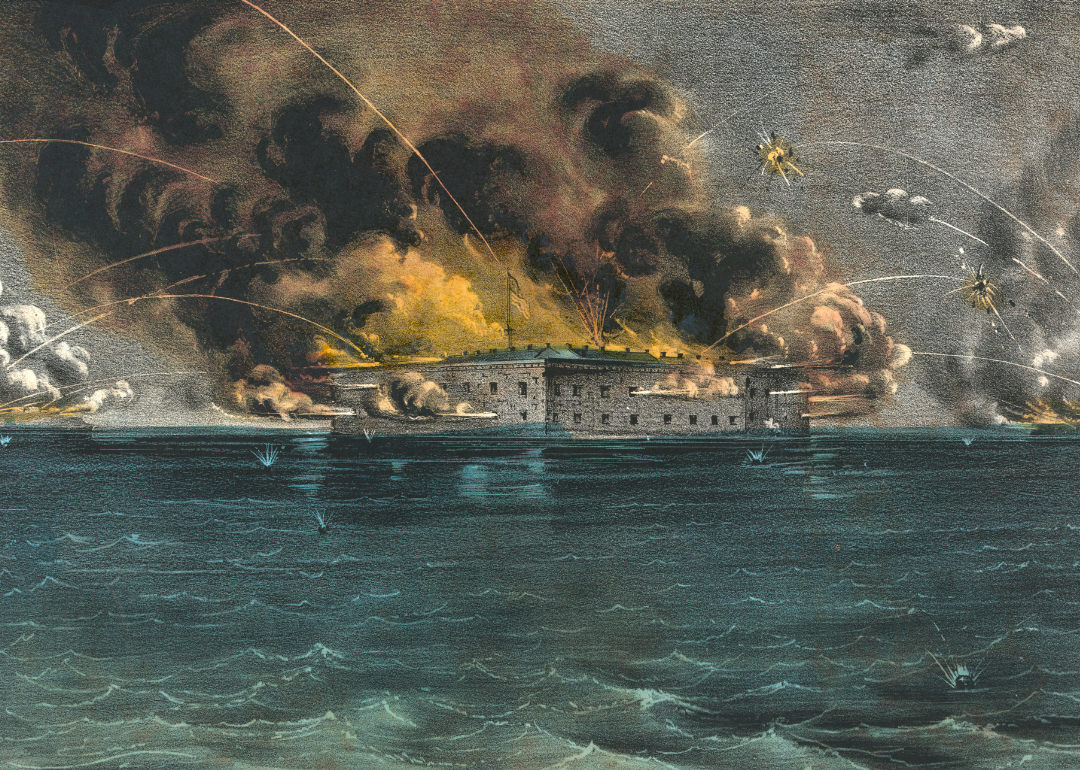 Lithograph depicting the bombardment of Fort Sumter.