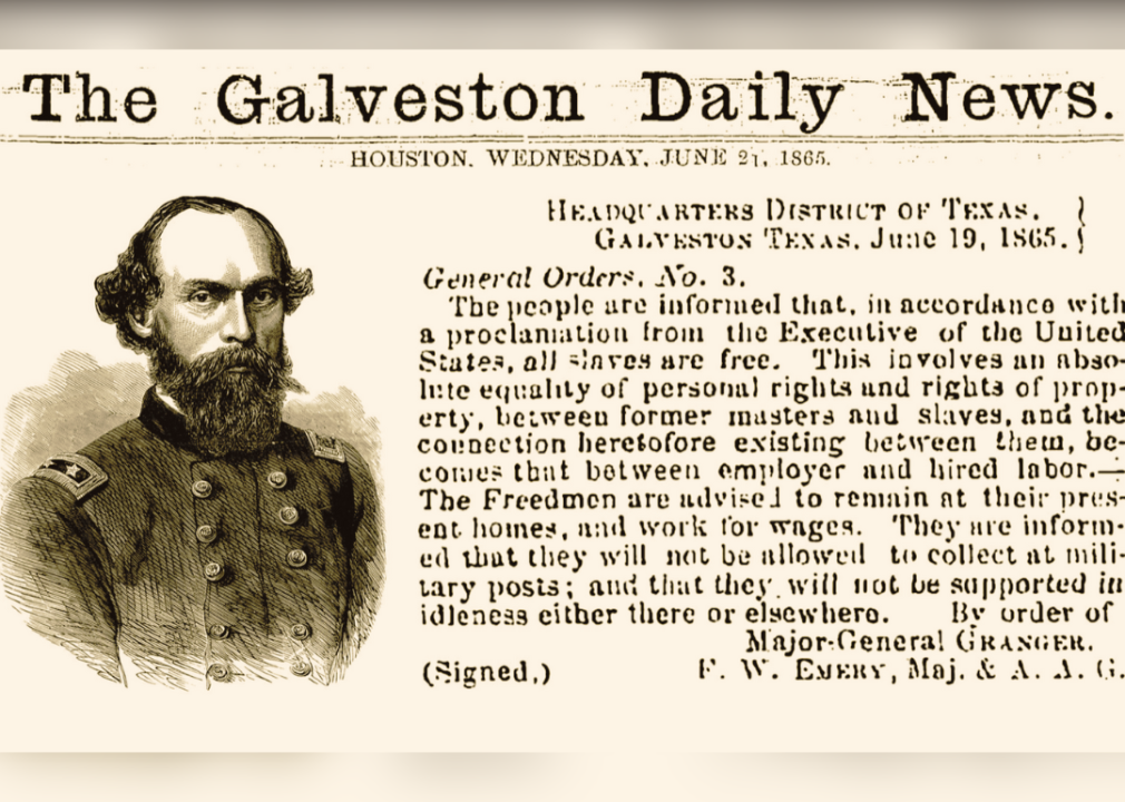 Excerpt from The Galveston Daily News with Order No. 3 text and illustration of General Gordon Granger