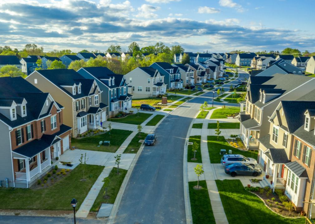 Aerial view of suburban neighborhood.
