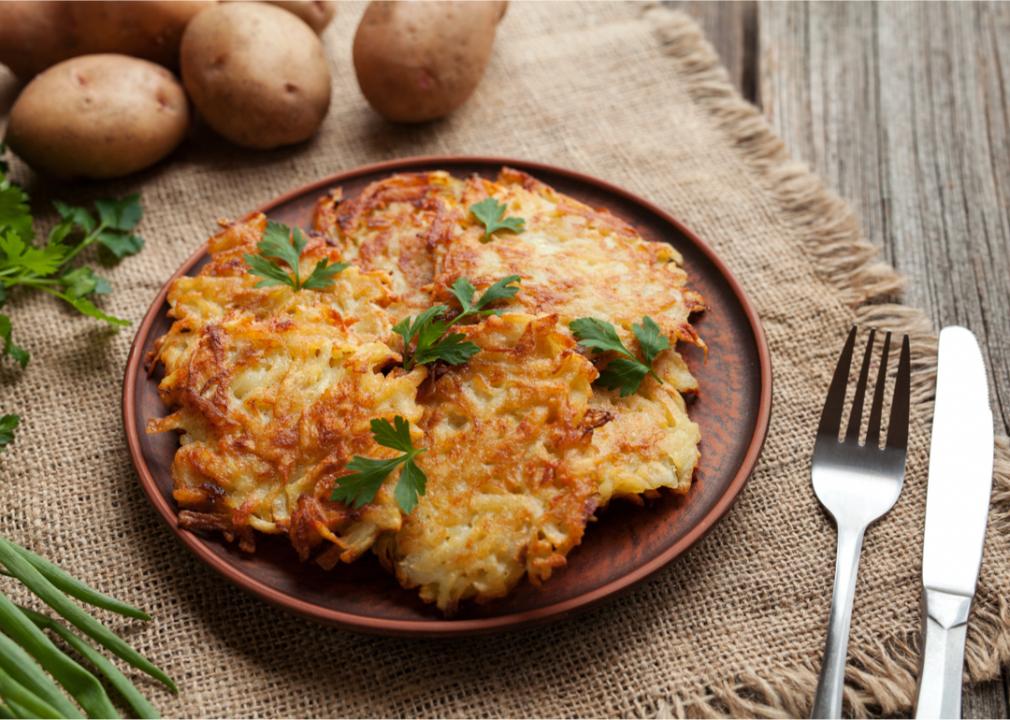 A plate of latkes on a table.