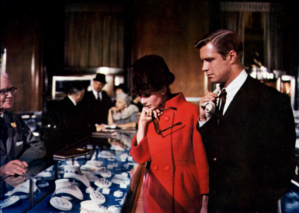 Audrey Hepburn and George Peppard shop in a scene from ‘Breakfast at Tiffany’s’.