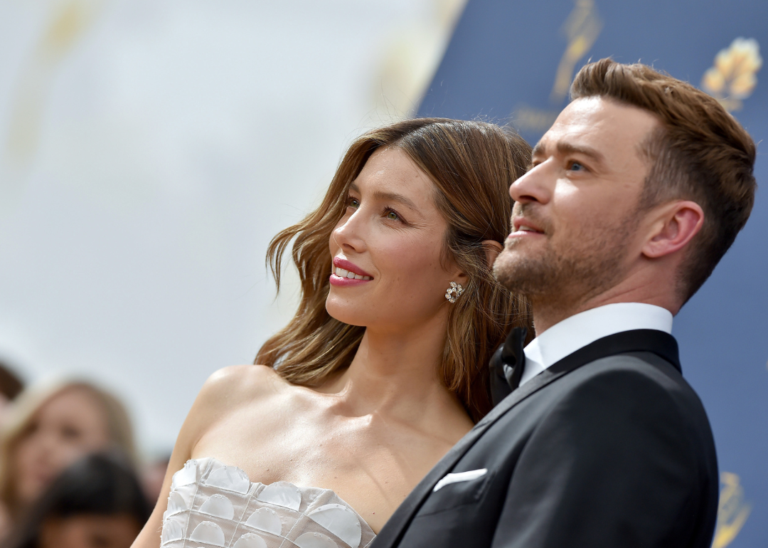 Jessica Biel and Justin Timberlake pose for photographers