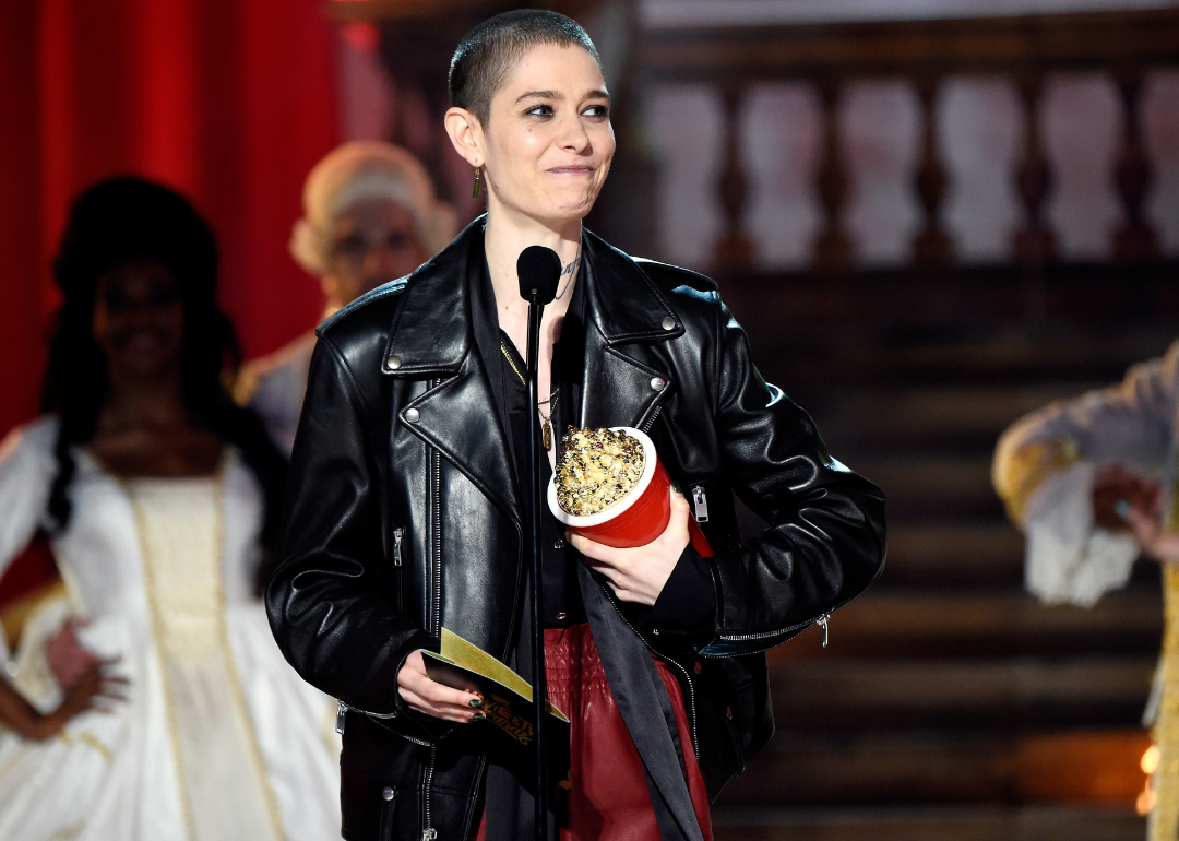 Asia Kate Dillon speaks on stage during the 2017 MTV Movie and TV Awards.
