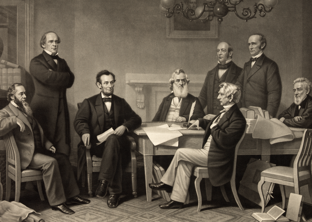 The First Reading of the Emancipation Proclamation Before the Cabinet, a mezzotint by Alexander Hay Ritchie after a painting by Francis Bicknell Carpenter.