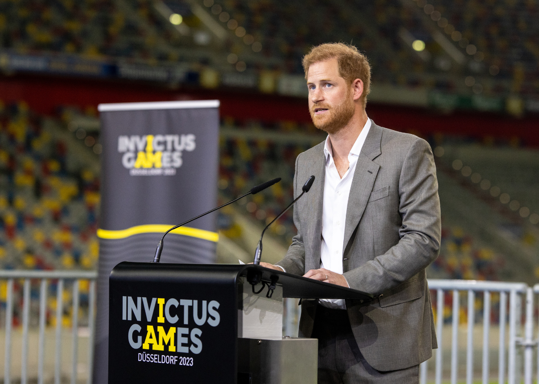 Prince Harry speaks on stage during Invictus Games Dusseldorf 2023 Press Conference.