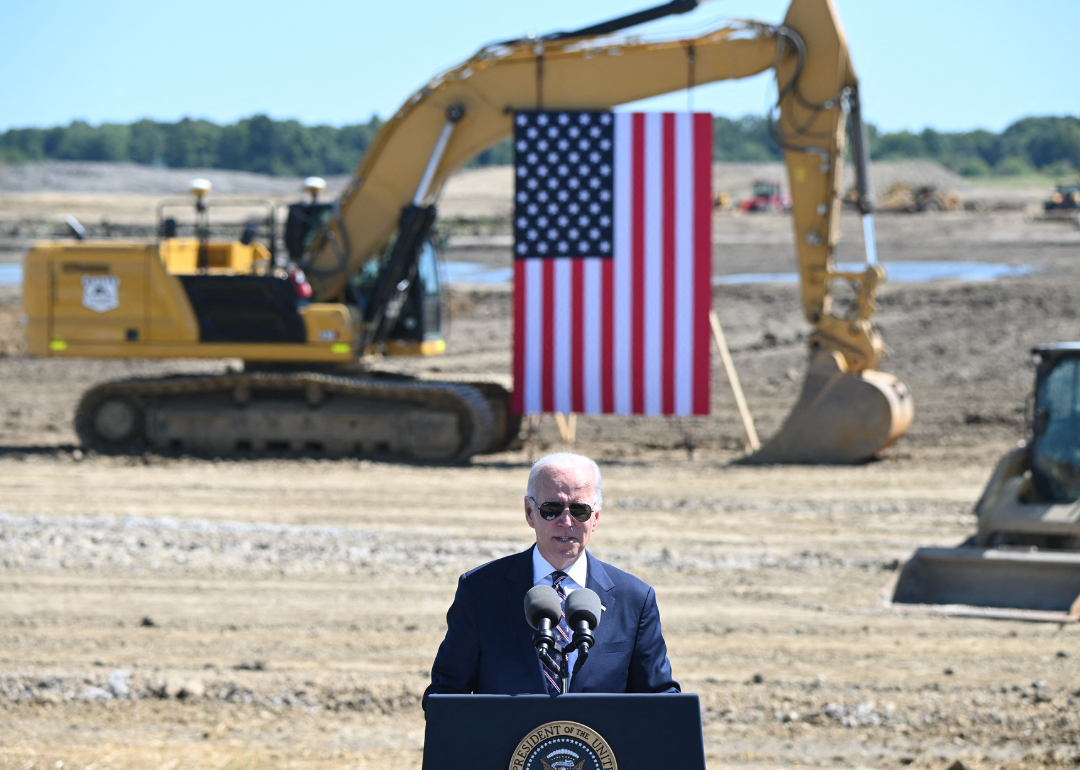 President Joe Biden speaking at a semiconductor manufacturing facility groundbreaking in Ohio.
