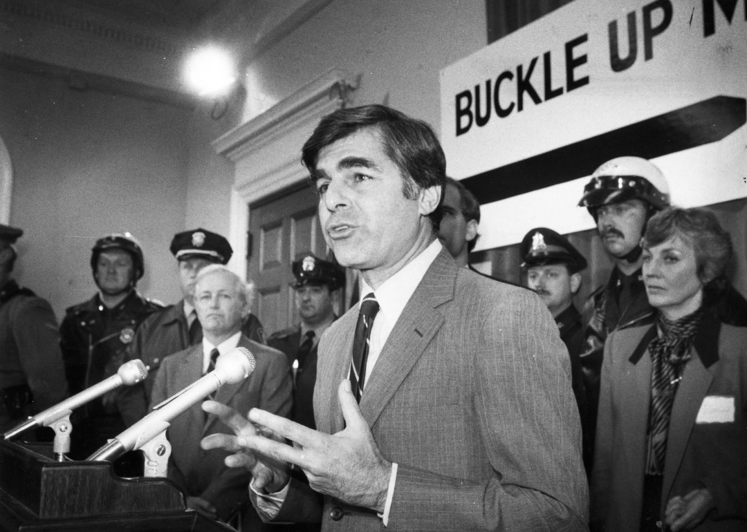 Massachusetts Governor Michael Dukakis speaks after signing seat belt law