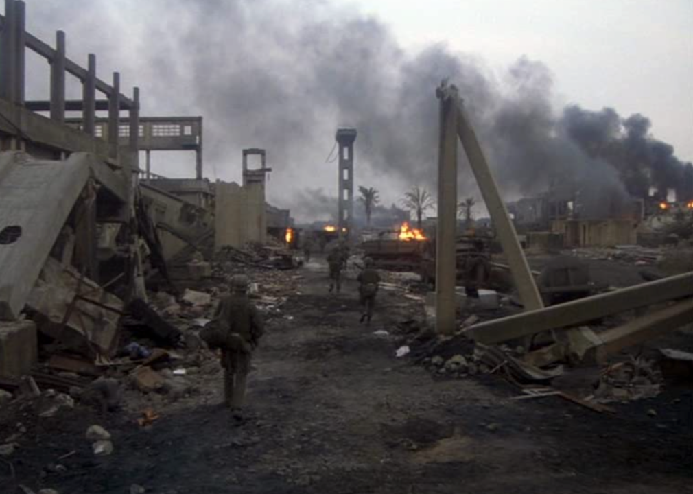 Bombed and burning buildings in a scene from ‘Full Metal Jacket’