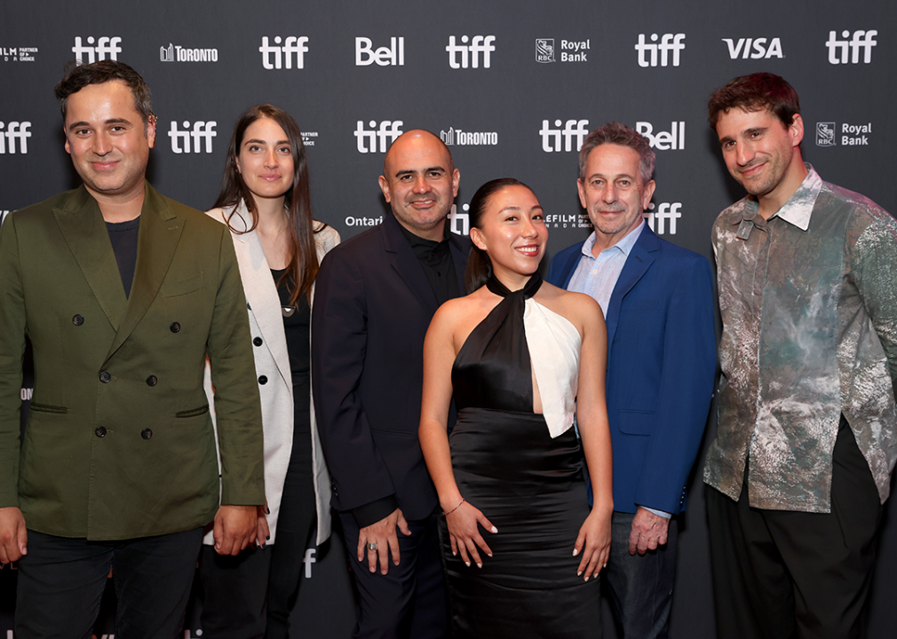 Giancarlo Nasi, Chiara Giavarini, Felipe Gálvez Haberle, Mishel Guaña, Alfredo Castro, and Benjamin Domenech attend "The Settlers" premiere during the 2023 Toronto International Film Festival.
