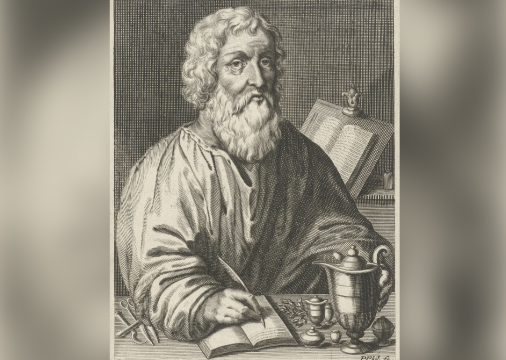 Engraving by Pieter Philippe depicting Hippocrates of Kos at his writing table.