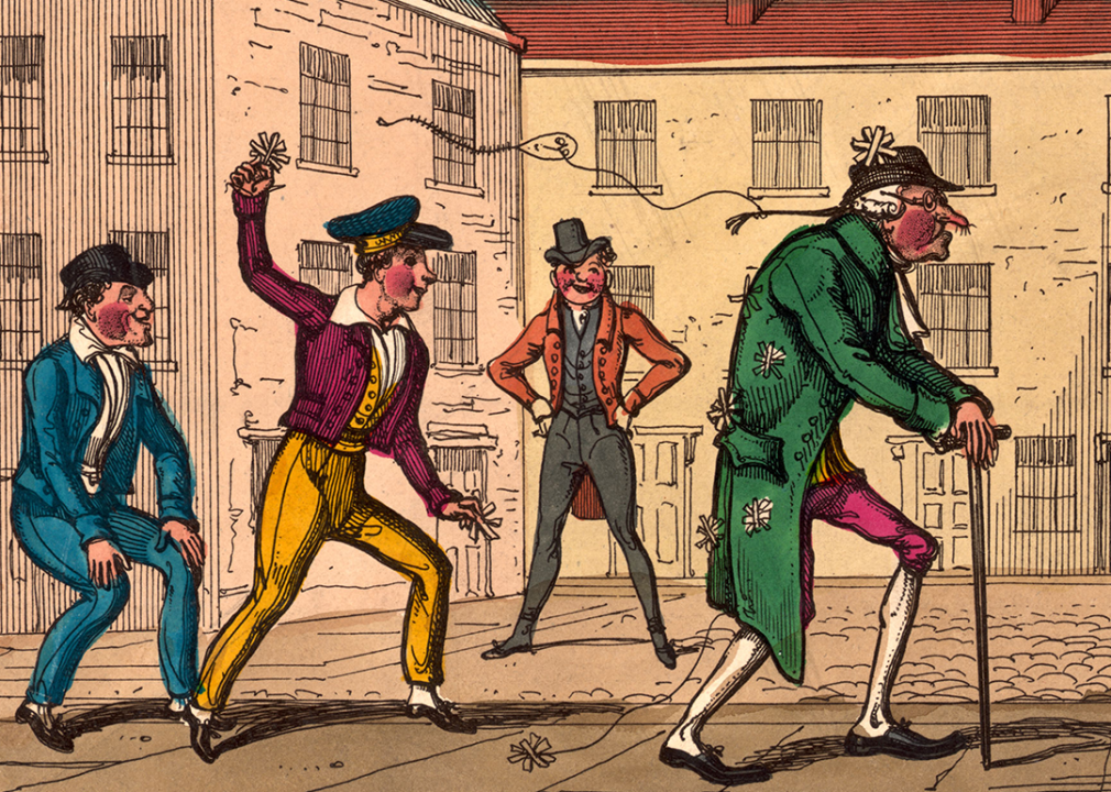 Vintage illustration of youths playing a prank on an older man.