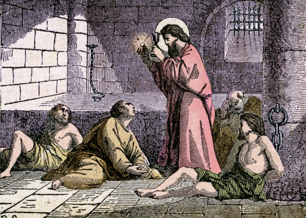 Colored engraving showing Saint Valentine in a prison.