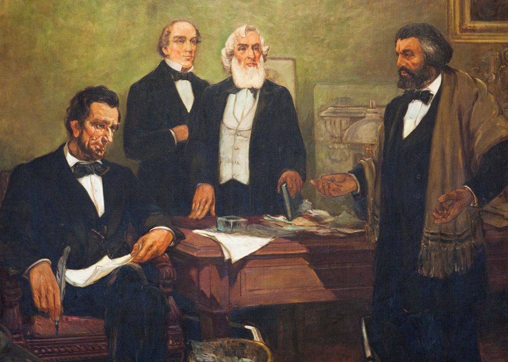 Close-up of a mural entitled, Douglass Appealing to President Lincoln, by William Edouard Scott.