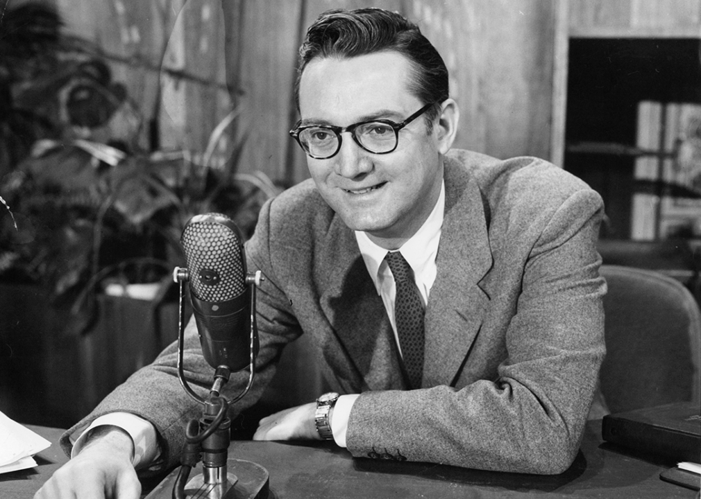 Steve Allen at the microphone during the 'Steve Allen Show’.