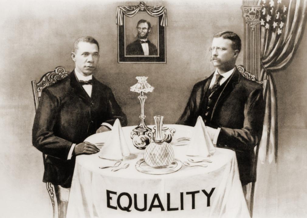 Commemorative print depicting Booker T. Washington dining with President Roosevelt. The tablecloth has the word equality written on it. 