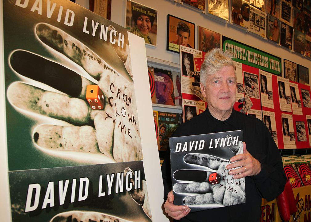 David Lynch poses with his album "Crazy Clown Time" at Amoeba Music.