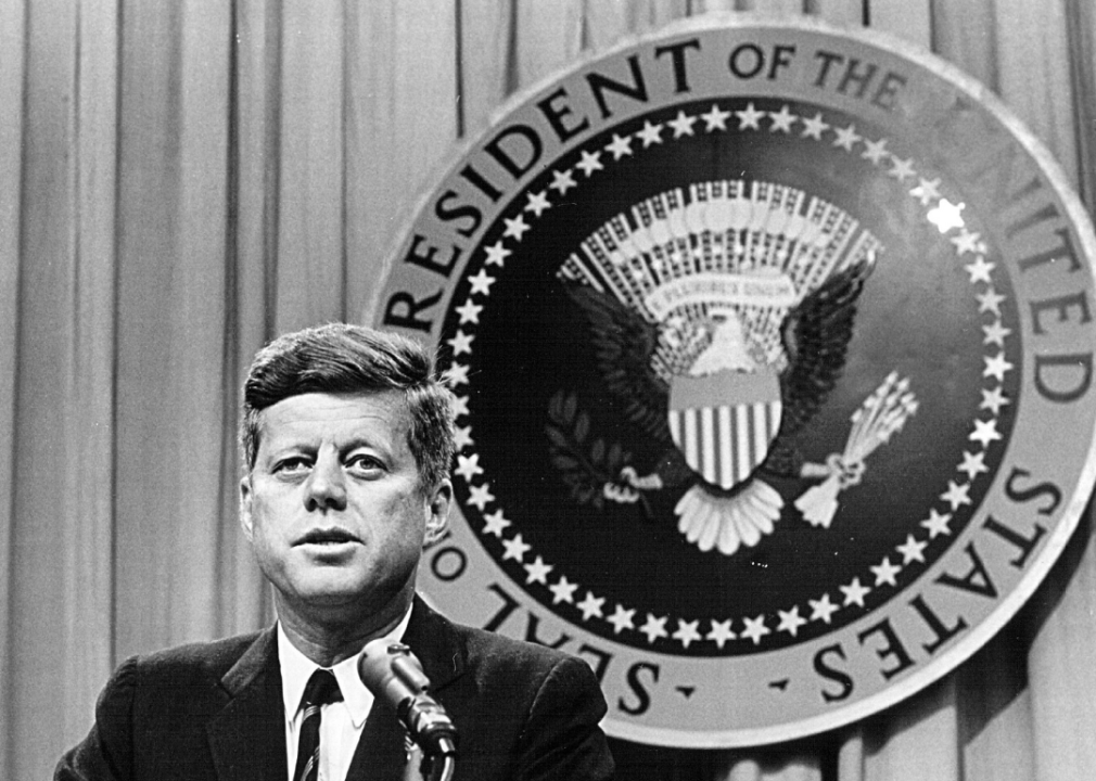 President John F Kennedy speaks at press conference.