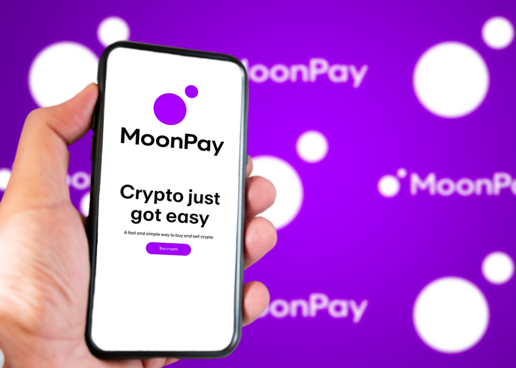 MoonPay company website on a phone screen.