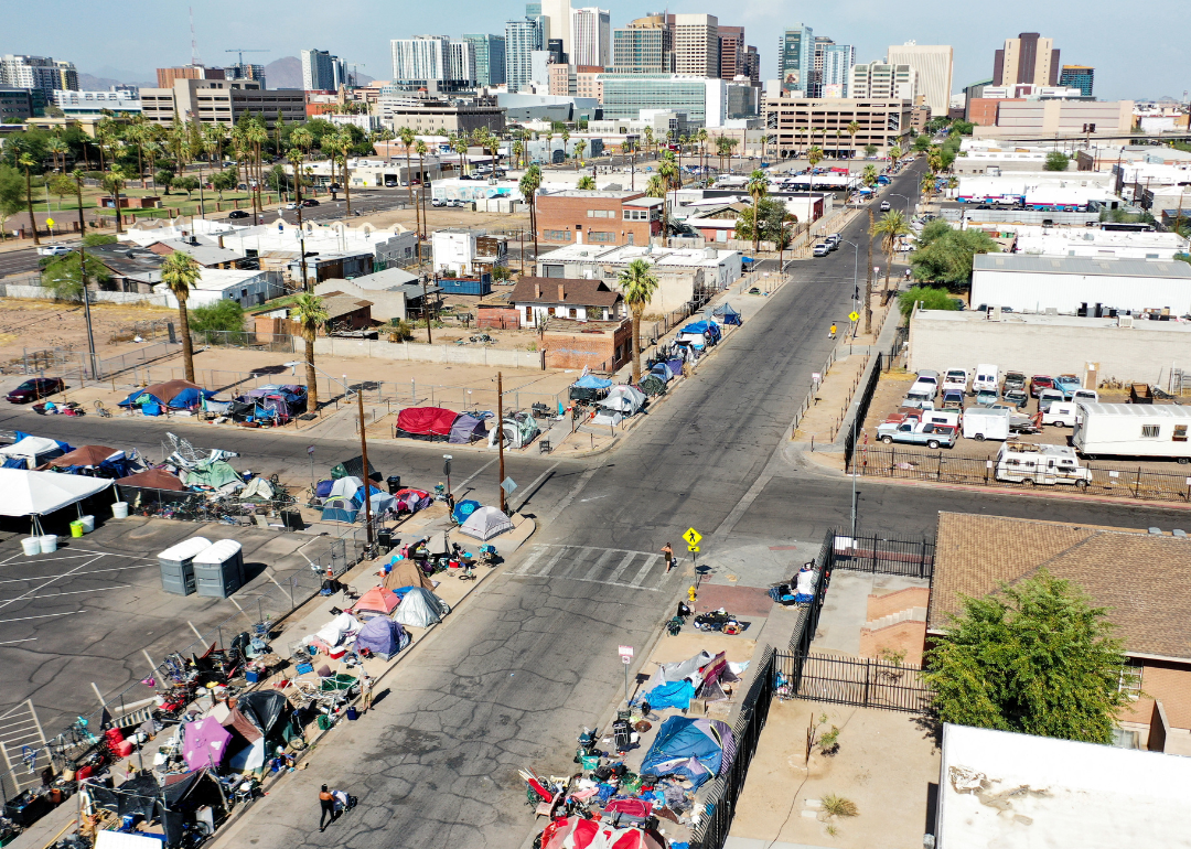 Aerial view of Phoenix Arizona showing homeless encampment
