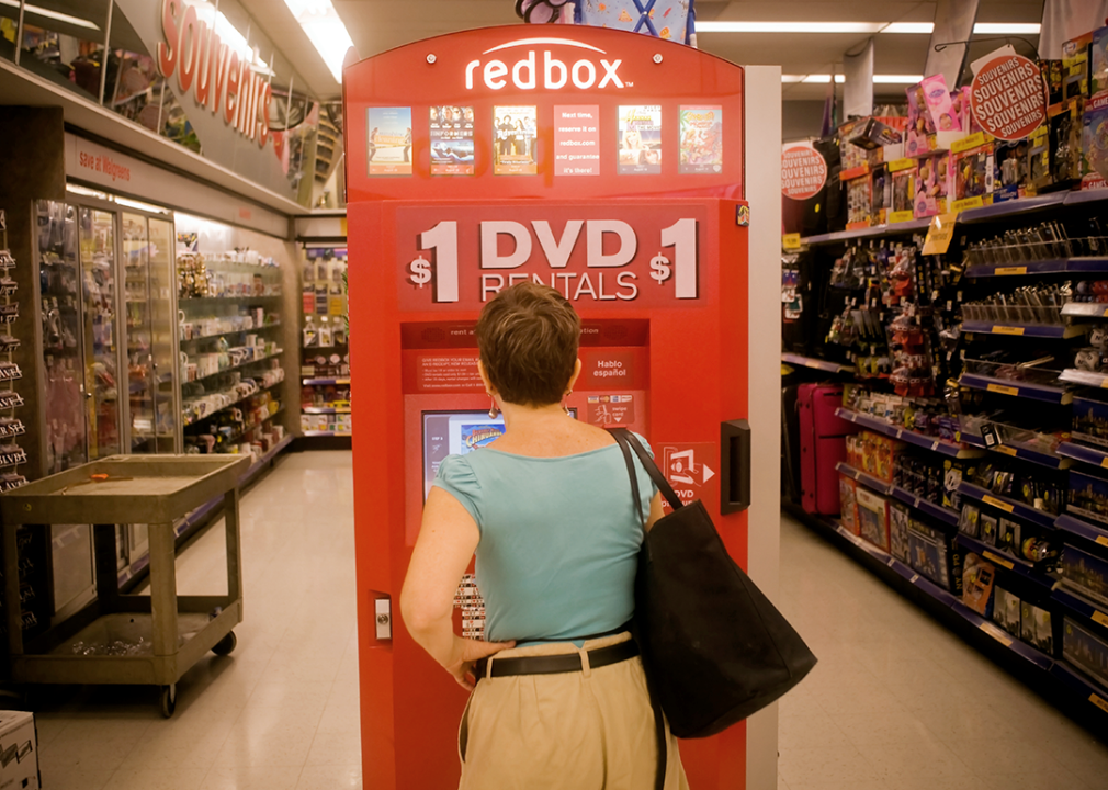 A self-service Redbox video rental kiosk is seen in a Walgreens drug store.