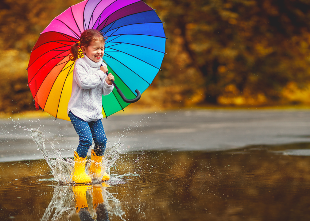 Child holding rainbow umbrella jumping in puddle.