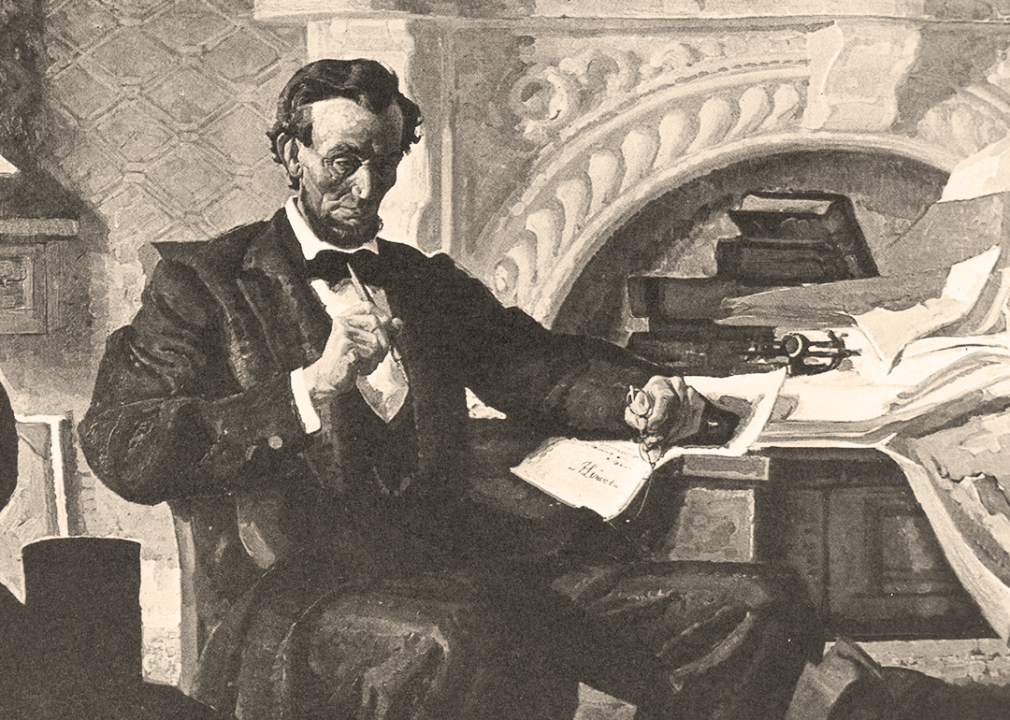 An illustrated portrait of Abraham Lincoln in his study.