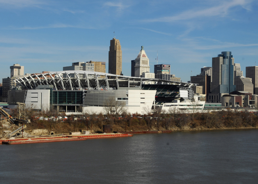 Exterior view of Paul Brown Stadium with the Ohio River and Cincinnati skyline